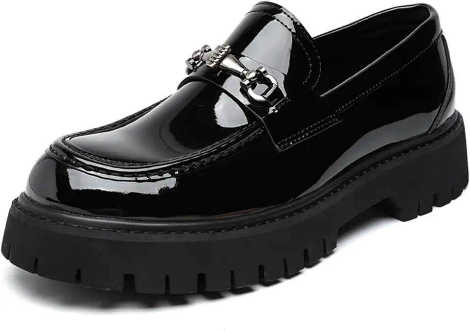 Mens Patent Leather Slip-On Platform Dress Horsebit Loafer Low Heels Round Toe Non-Slip Penny Shoes for Formal Business Wedding