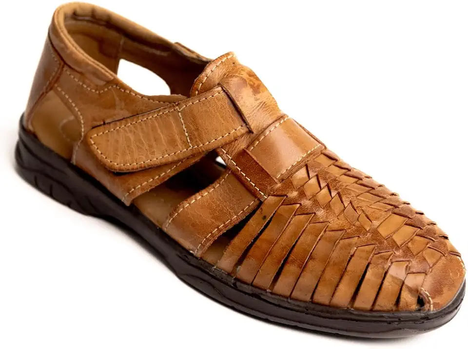 handmade men’s leather fisherman huaraches sandals – genuine leather, adjustable hook-and-loop strap, closed-toe design, casual and comfortable slip-on shoes – available in tan and moka