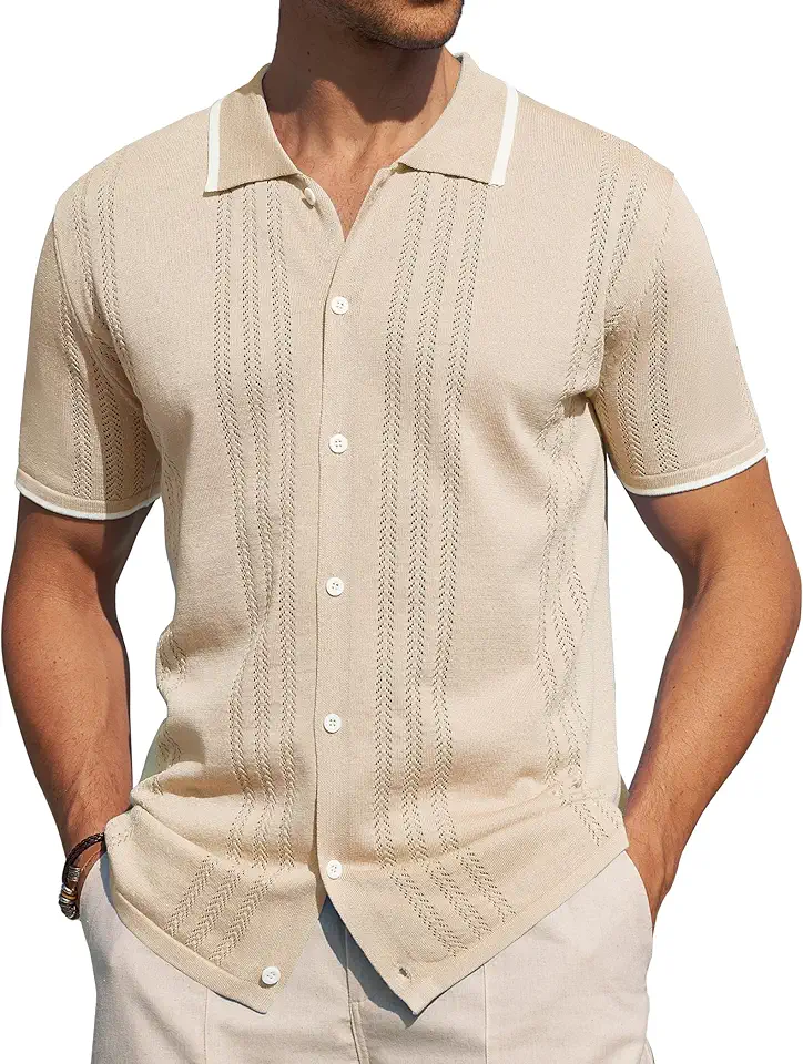 Alimens & Gentle Mens Shirts Casual Button Down Shirts Beach Vintage Knit Short Sleeve Polo Shirt for Men
