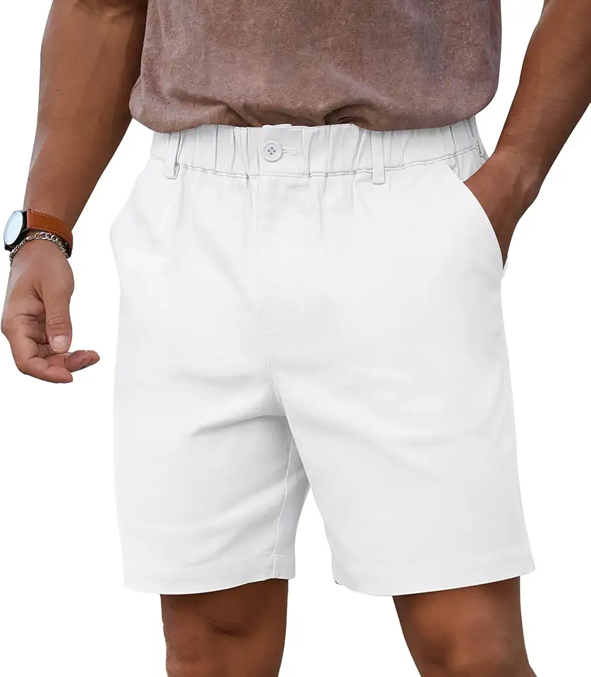 RQP Men's Cotton Casual Classic-fit 7" Chino Shorts Elastic Waist Daily Wear Dress Baech Summer Shorts