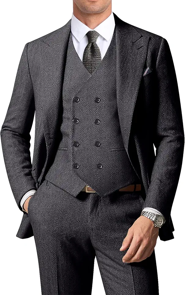 Men’s Suits 3 Piece Herringbone Tweed Double Breasted Jacket Vest Pants