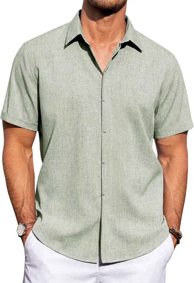 Men's Olive Green Linen Short Sleeve Shirt