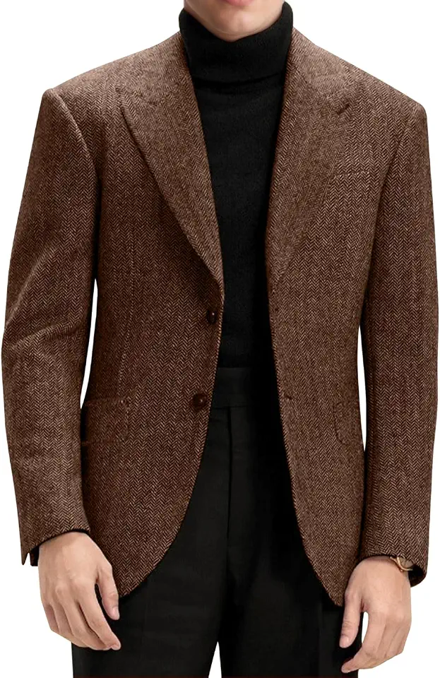 Global Recycled Standard Mens Blazer Herringbone Tweed Wool Blend Slim Fit Prom Sport Coat