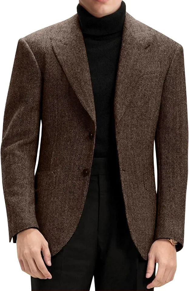 Global Recycled Standard Mens Blazer Herringbone Tweed Wool Blend Slim Fit Prom Sport Coat