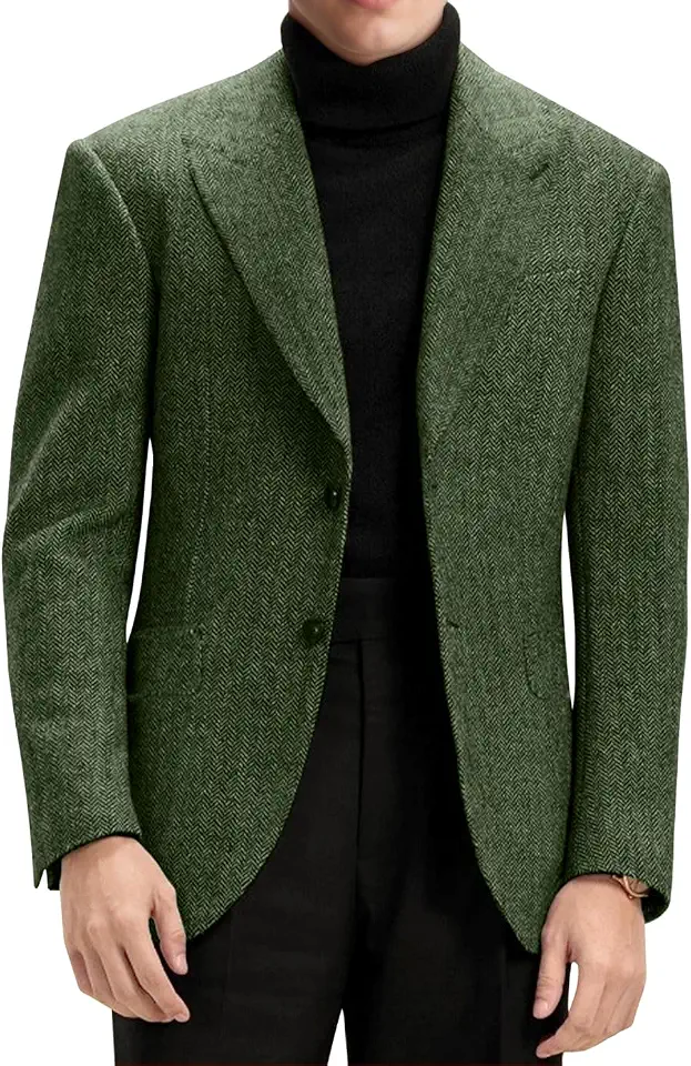 Mens Blazer Retro Herringbone Tweed Suit Jacket Men Wool Blend 2 Button Peak Lapel Men Sport Coats for Wedding Prom
