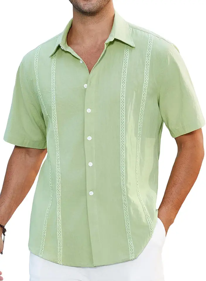HISDERN Mens Cuban Guayabera Shirts Short Sleeve Casual Button Down Shirts for Men Regular Fit Summer Beach Linen Shirt Solid