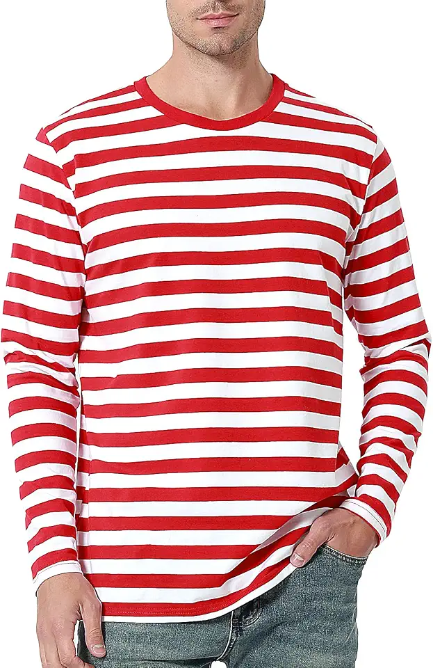 Funny World Men's Striped Cotton Long Sleeve T-Shirts Casual Crewneck Basic Tee