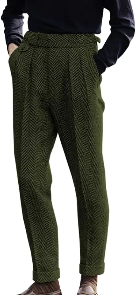 Men's Herringbone Tweed Dress Pants Regular Fit Vintage Wool Trousers