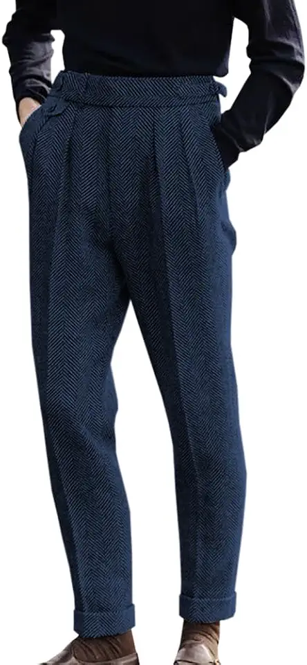 Men's Herringbone Tweed Dress Pants Regular Fit Vintage Wool Trousers