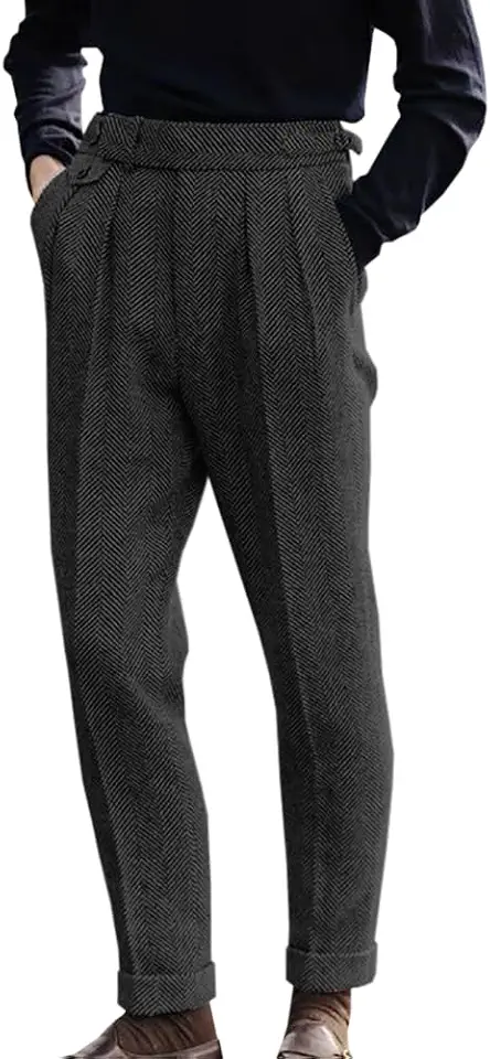Men's Herringbone Tweed Dress Pants Regular Fit Vintage Wool Trousers