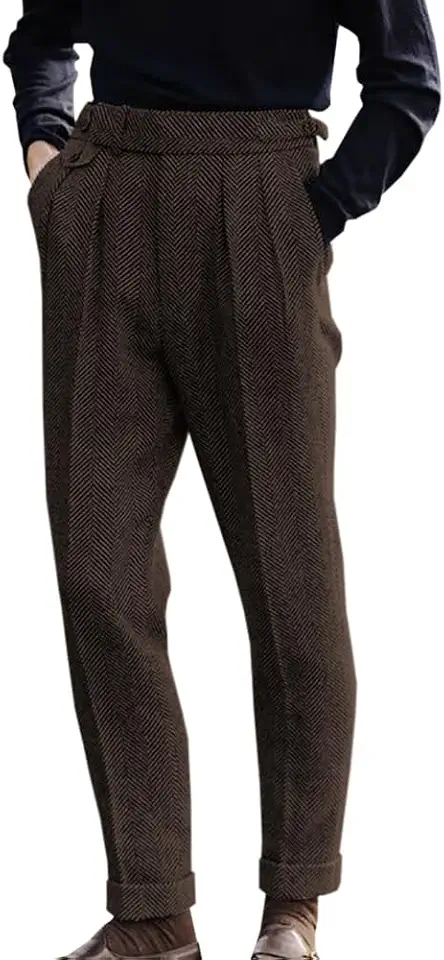 Men's Herringbone Tweed Dress Pants Regular Fit Vintage Wool Trousers