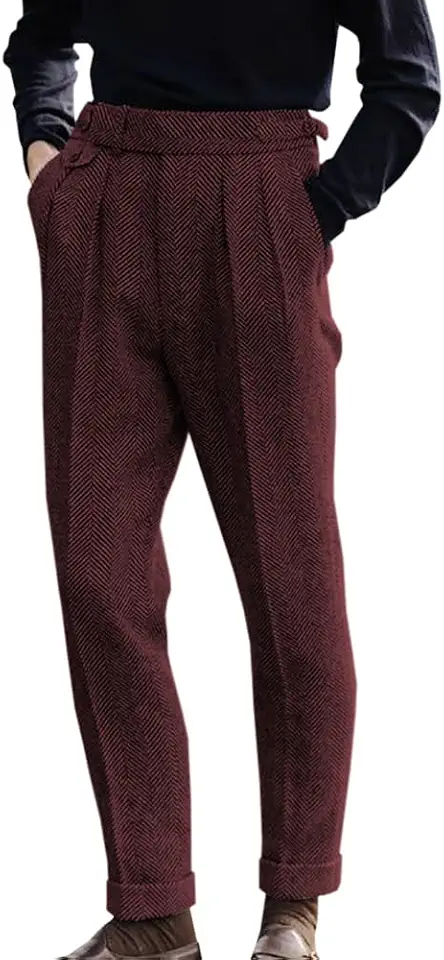 Men's Herringbone Tweed Dress Pants Regular Fit Vintage Wool Trousers