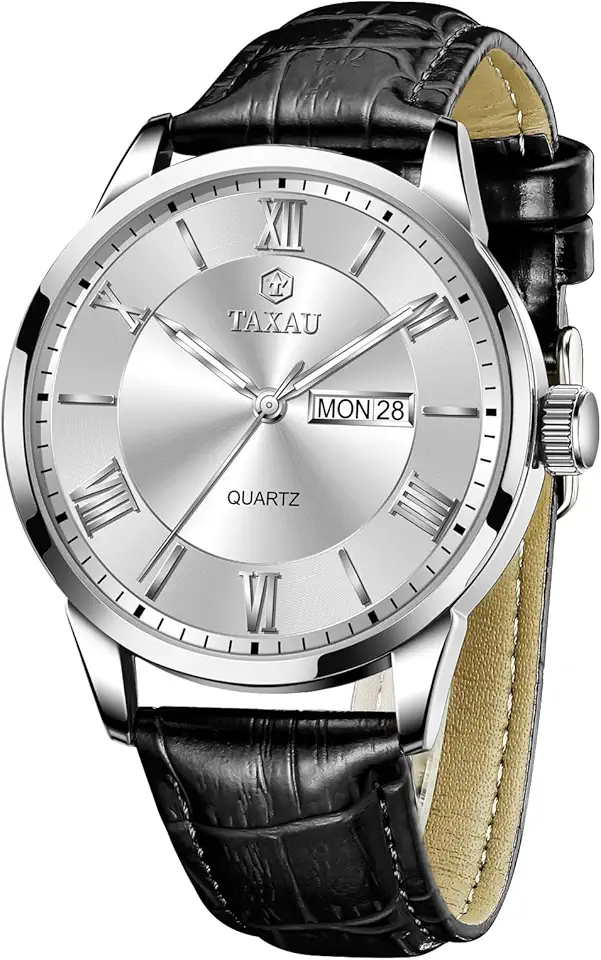 Taxau Watch Men,Big Face Watch for Men,Leather Band Wrist Man Watches,Classic Date Day Watches Mens Analog Waterproof Relojes para Hombres Blue/Gray/White/Black Dial