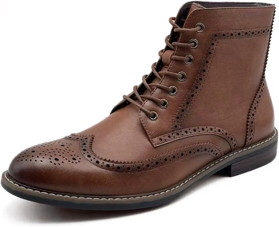 Men's Wingtip Toe Boots, Classic Brogue Style, Oxford Lace Up Dress Shoes