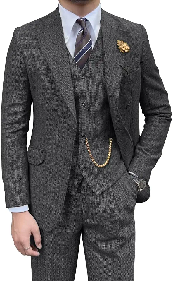 Global Recycled Standard Tweed Men Suit Herringbone 3 Piece Retro Tux Blazer Jacket Vest Pants Set