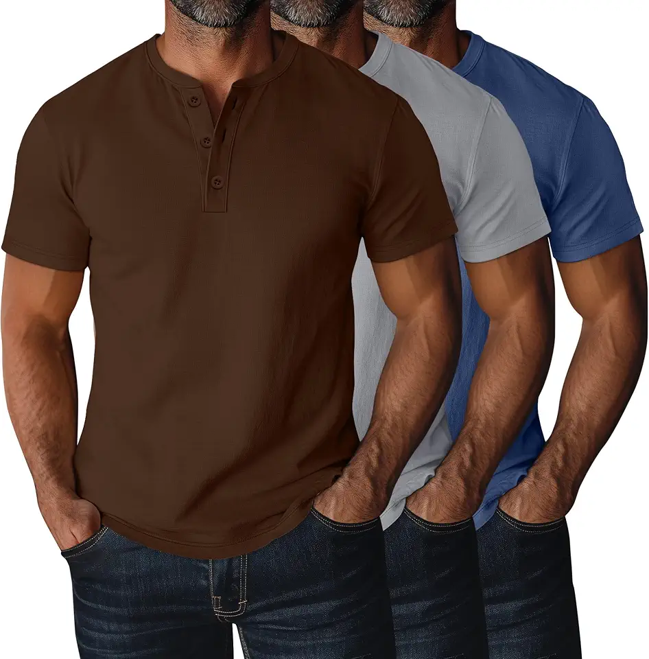 Ficerd 3 Pack Men's Big and Tall Henley Shirts | Short Sleeve, Plus Size Tee, with Button, Polo Tops, Loose, Casual, Basic, Oversized, Summer, Solid, Workout, Athletic
