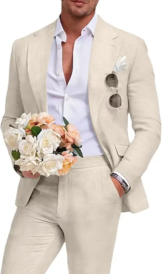 Beige Men's Linen Suit 2 Piece Slim Fit Summer Beach Wedding Dress Prom Party Suit Blazer Jacket and Pants