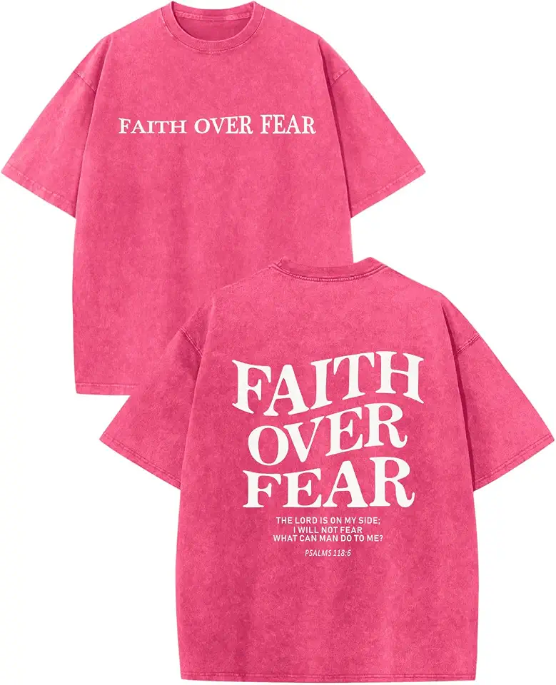 Christian Faith Over Fear Shirt for Men Jesus Religious Shirts Oversized Graphic Tees Acid Wash God T-Shirt