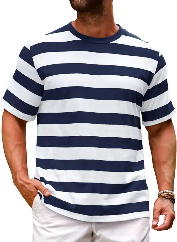 Men's Blue Striped Short Sleeve Crewneck T Shirt