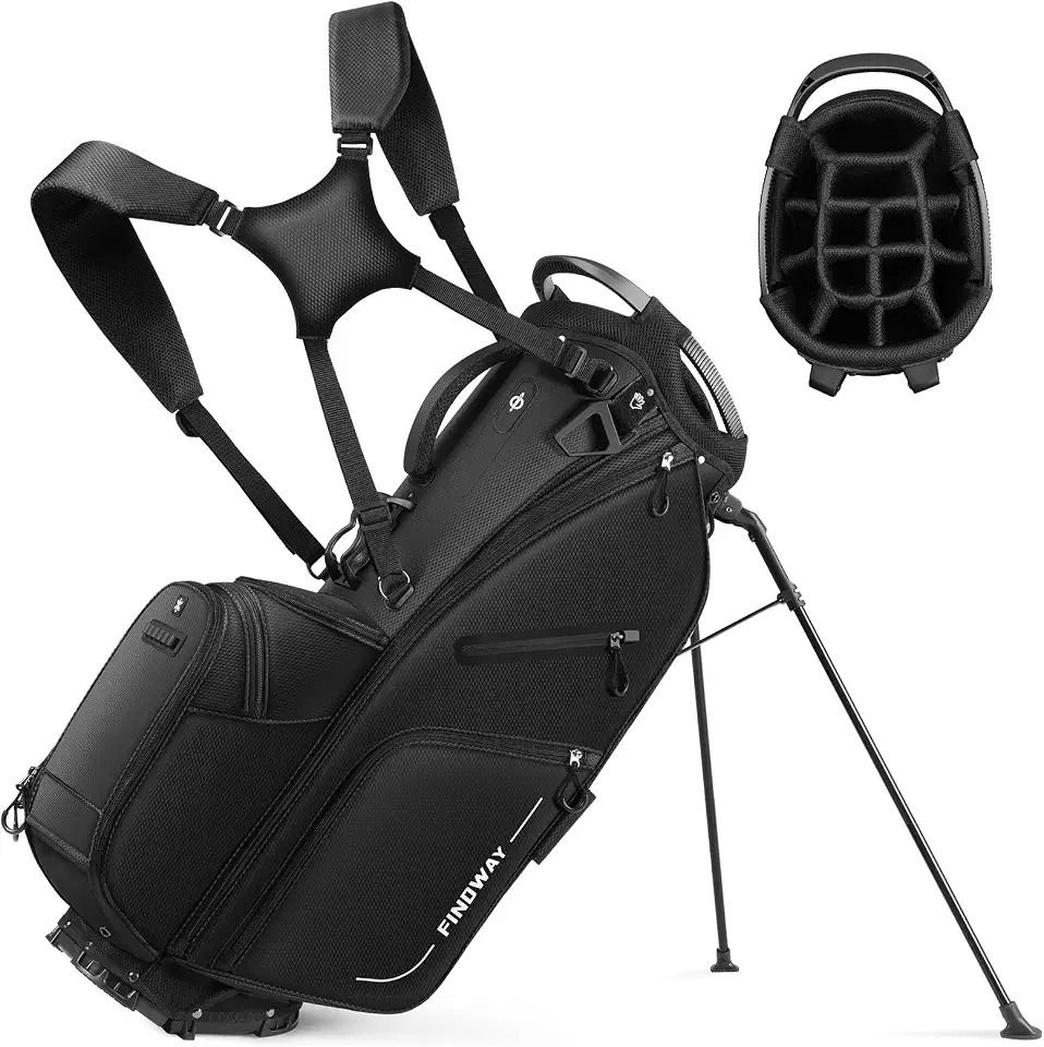 Global Recycled Standard Findway 14 Way Golf Stand Bag, Lightweight Golf Bag with Stand for Men Women, Golf Club Carry Bag with Dual Strap, Rain Cover, Multiple Pockets, Golf Ball Holder