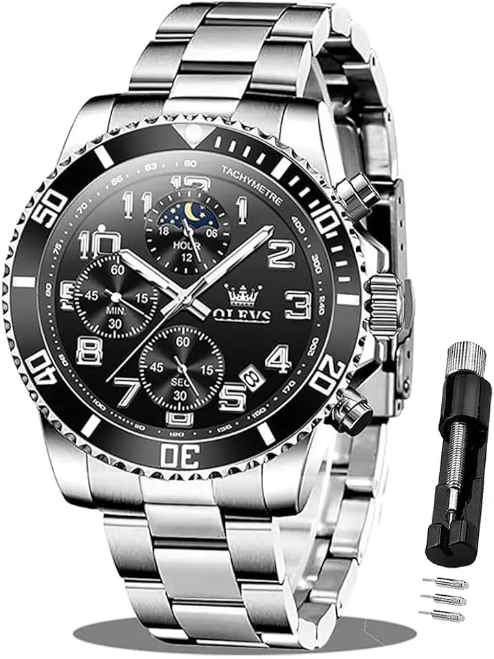 OLEVS Mens Stainless Steel Watch Fashion Luxury Big Face Analog Waterproof