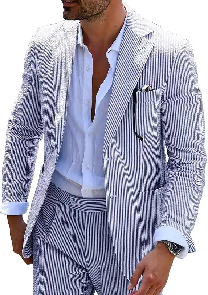 Global Recycled Standard Seersucker Mens Suit 2 Piece Slim Casul Summer Beach Blazer Jacket Pant Tux