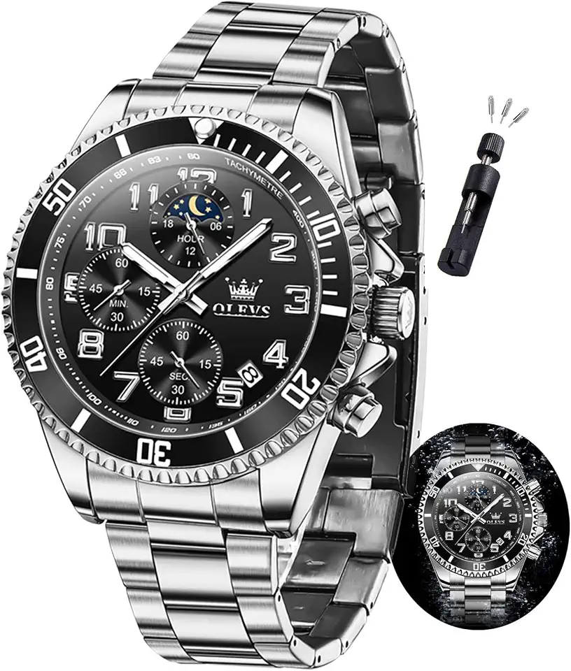OLEVS Watch Men Luxury Chronograph Stainless Steel Wrist Dress Waterproof Watch Quartz Analog Large Face Luminous