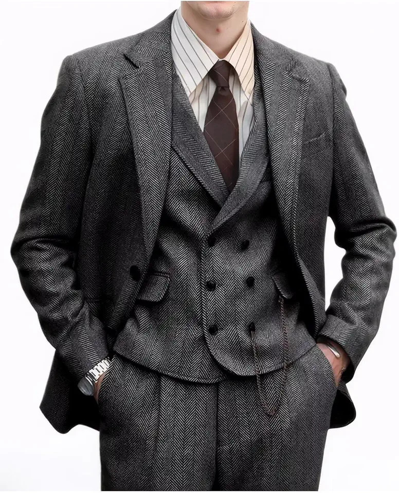 Global Recycled Standard Retro 3 Pieces Men Suit Tweed Herringbone Wedding Prom Tuxedo Men