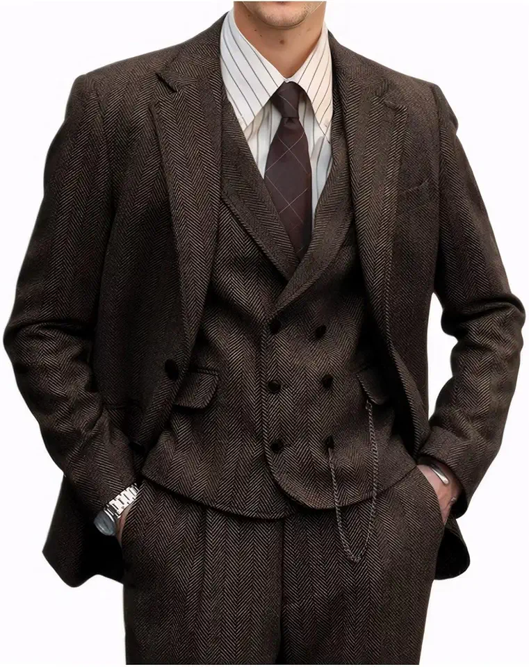 Global Recycled Standard Retro 3 Pieces Men Suit Tweed Herringbone Wedding Prom Tuxedo Men