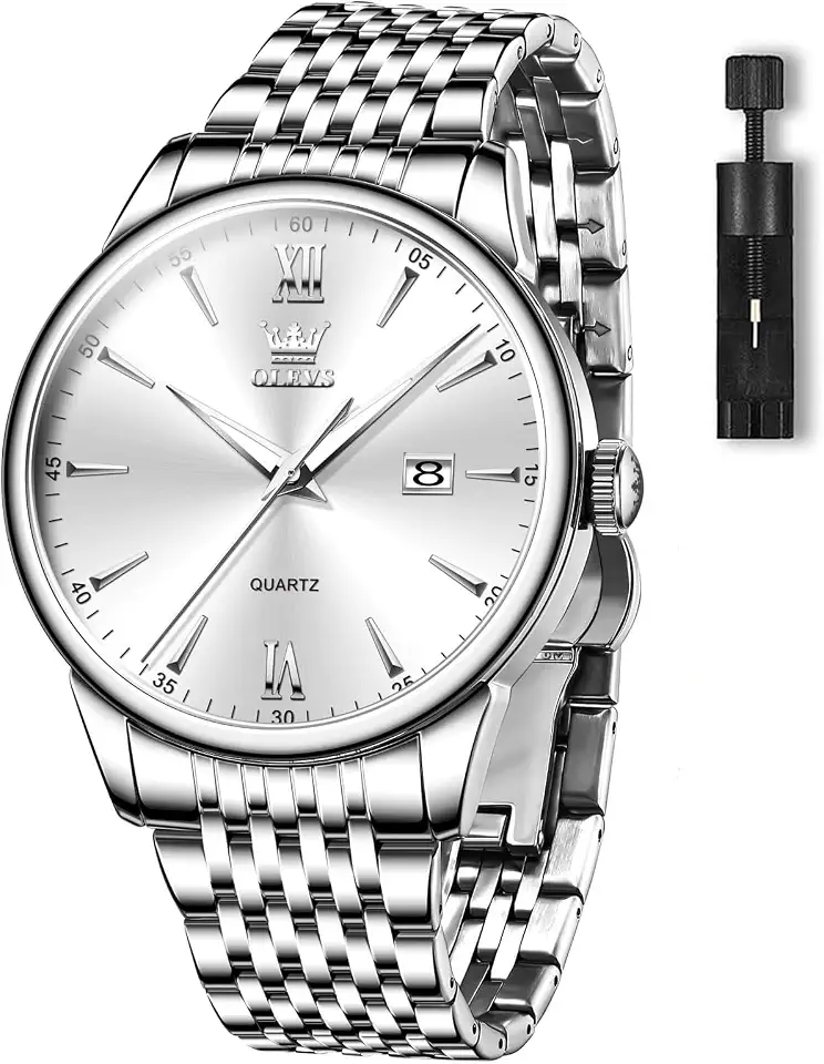 OLEVS Stainless Steel Classic Watches, Large Face Quartz Dress Watches for Men, Easy to Read Men's Waterproof Watch with Day and Date, Blue/Black/Silver/Gold/Grey Dial