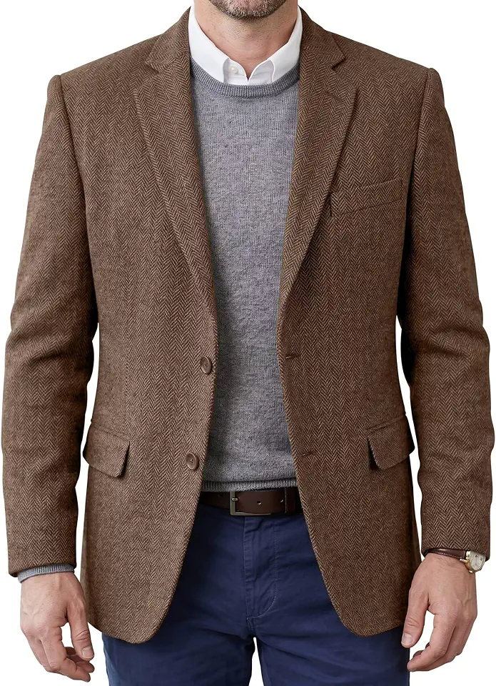 Mens Tweed Blazer Vintage Casual Herringbone Wool Coat Khaki XXL
