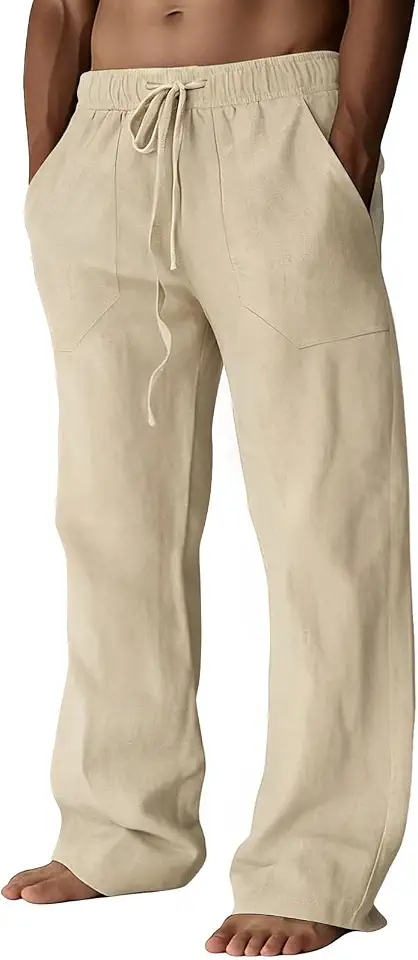Puimentiua Cotton Linen Pants Men Casual Loose Fit Summer Beach Pants