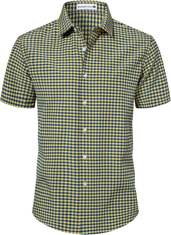 Manwan walk Mens Short Sleeve Plaid Casual Button Down Shirts Gingham Regular Fit Dress Shirts