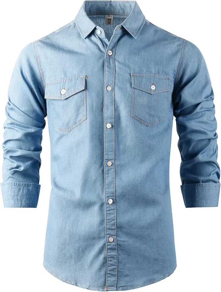 OCHENTA Men's Long Sleeve Chambray Denim Shirt – Lightweight Cotton Blend Western Button Down Casual Top