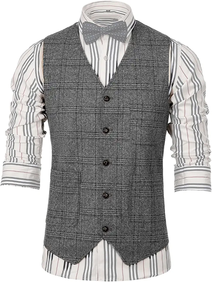 SevenBoy Mens Vintage Suit Vest Plaid Tweed Waistcoat Casual Dress Vest