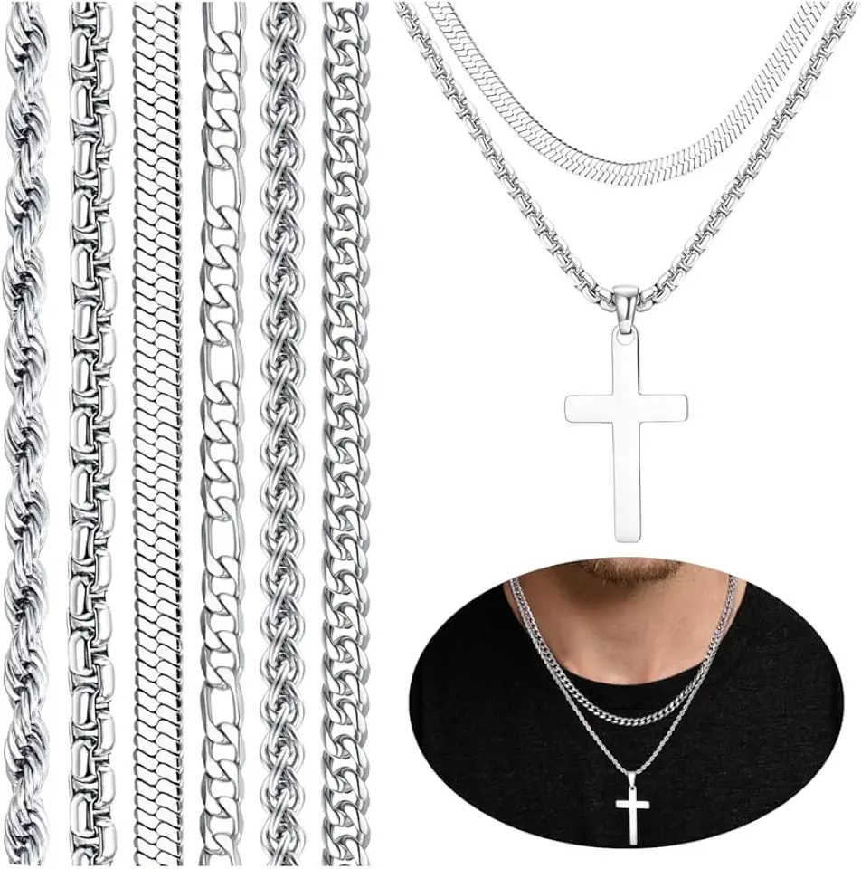 LOYALLOOK 6PCS Silver Stainless Steel Cross Chain Layered Cuban Link Figaro Snake Box Chain Cross Pendant Necklace 18-20IN/20-22IN