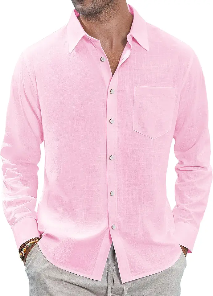 Men's Regular Fit Pink Long Sleeve Spread Collar Linen Button Down Shirt
