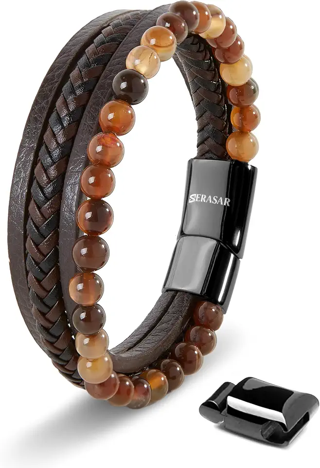 SERASAR Men's Genuine Leather Bracelet, Black & Brown