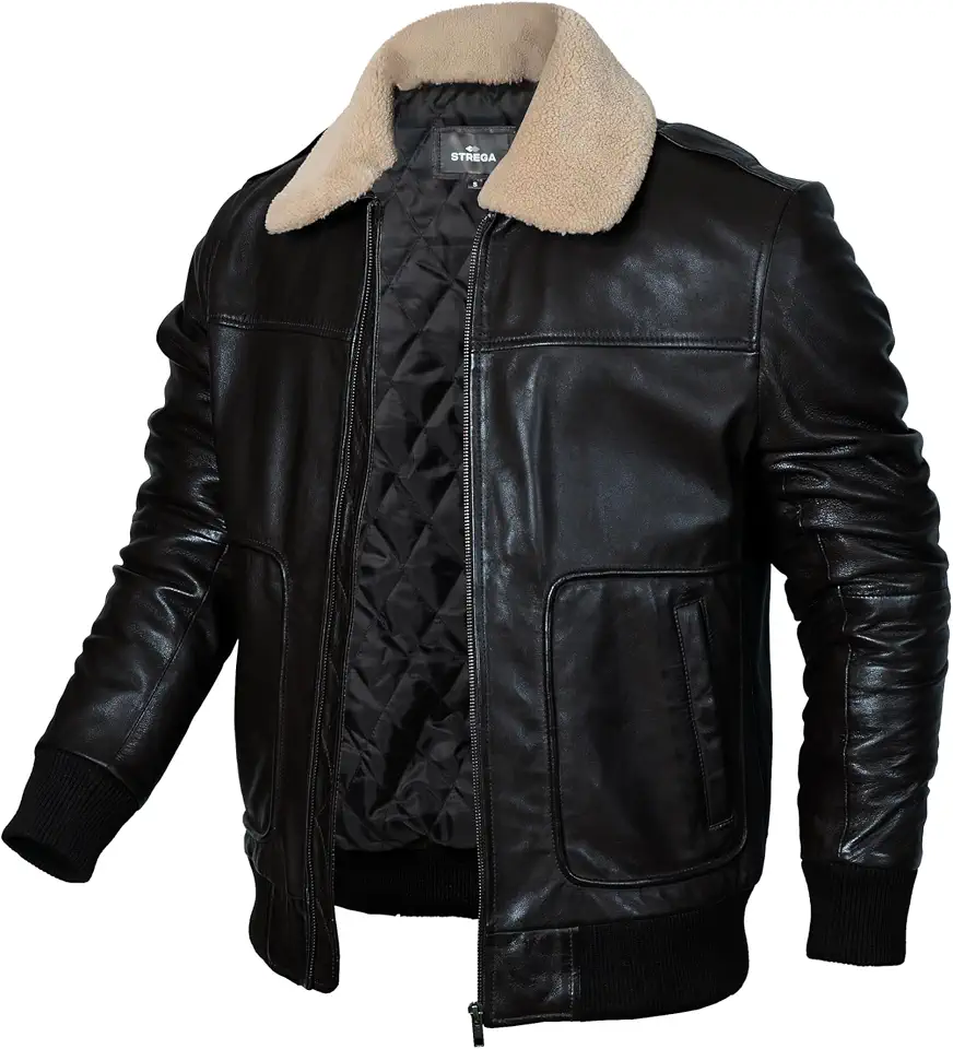 STREGA Men's Leather Bomber Aviator Jacket – Top Grain New Zealand Lambskin Leather with Diamond Quilted Lining