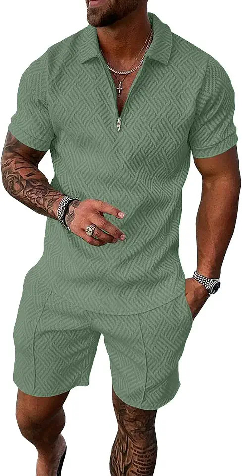 UOUA Mens Summer Track Suits 2 Piece Shorts Sets Short Sleeve Sweatsuit Outfits 1/4 Zip Golf Polo Shirts Loungewear