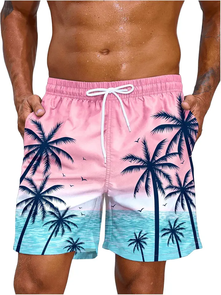 Floerns Men's Tropical Print Drawstring Waist Straight Leg Swim Trunks Shorts