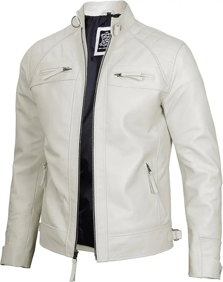 fjackets Mens Leather Jacket Moto Style Real Lambskin Leather Jacket, Quilted Cafe Racer Classic Zip Up Biker Jacket for Men