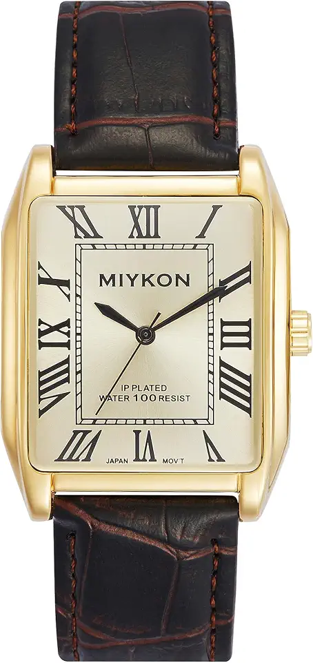 Miykon Men Vintage Tank Dress Watch, Genuine Leather Strap, Water Resistant