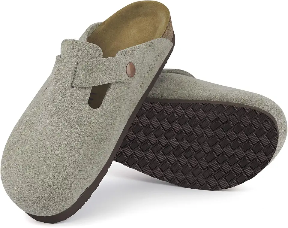 ILLIMITE Suede Clogs for Women Men Cork Footbed Sandals Leather Mules Potato Shoes with Arch Support and Adjustable Buckle