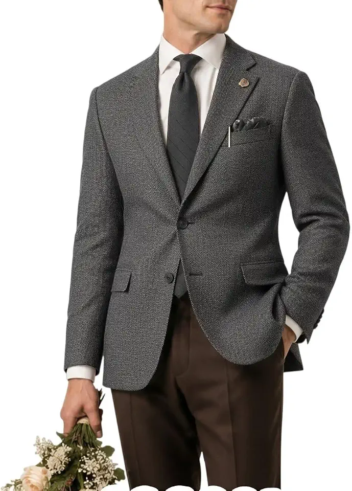 Global Recycled Standard Retro Tweed Blazer Mens Suit Jackets Herringbone Slim Fit Tux Sport Coats