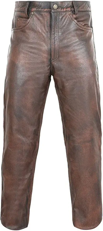 Men`s Genuine Lambskin Leather Trousers Pant, Straight Slim Fit Shinny Motorbikers Leather Pants - Brown