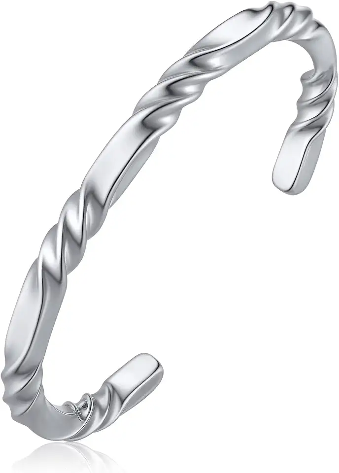 Hisatan Stainless Steel Mens Cuff Bracelet, Minimal Twist Cool Antique Retro/Silver/Black Open Metal Cuff Bangle Bracelets for Men, 65/70mm