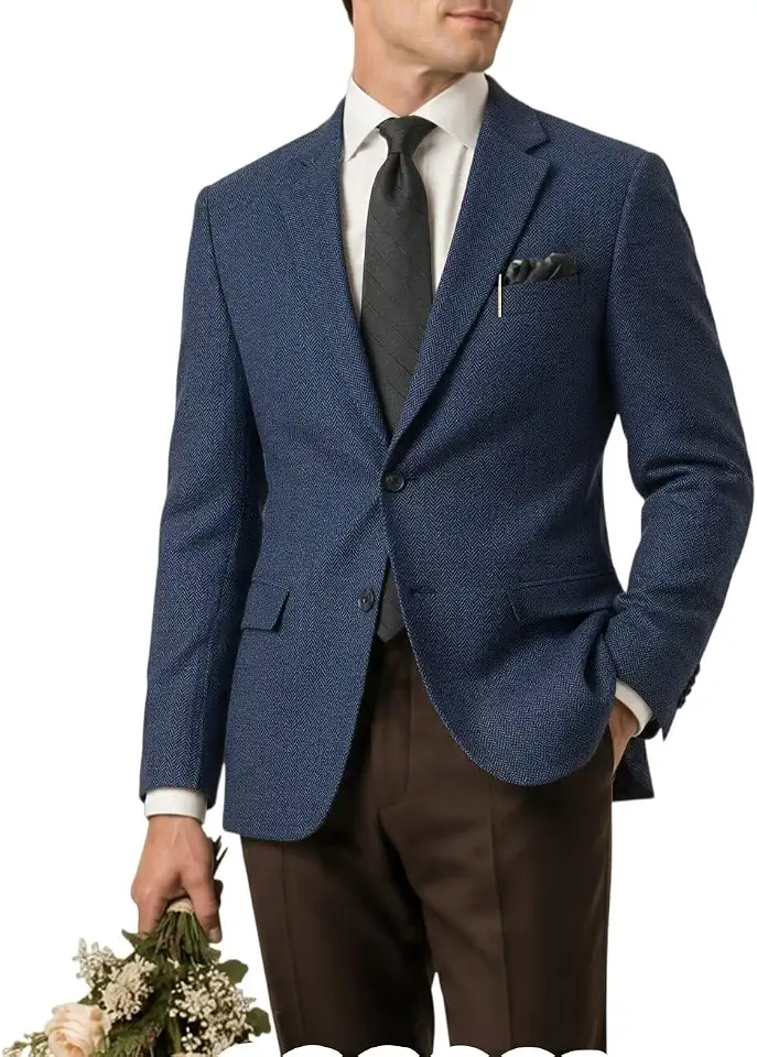 Global Recycled Standard Retro Tweed Blazer Mens Suit Jackets Herringbone Slim Fit Tux Sport Coats