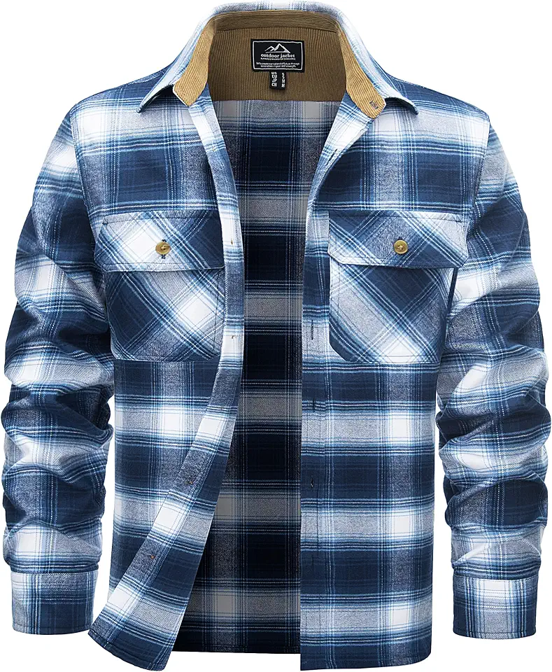 Cotrasen Mens Long Sleeve Button Down Flannel Shirt Jacket with Flap Pocket