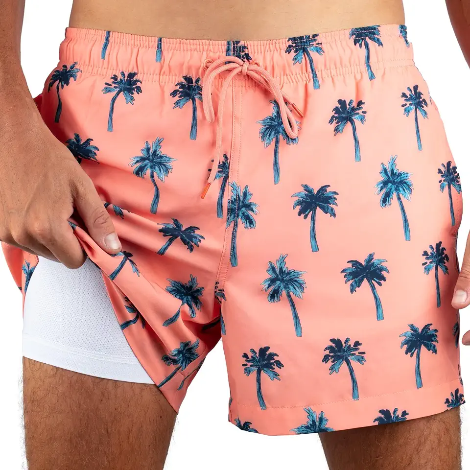 Men's Coral Pink Printed Swim Trunks